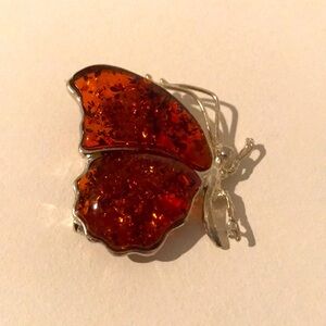 Elegant Silver and Amber Butterfly Brooch